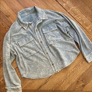 Thread & Supply Light Blue Knit Cropped Denim Button-Up Shirt